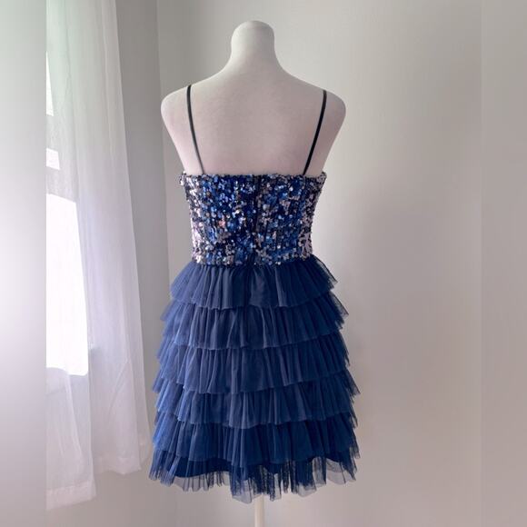 Vintage Y2K dELiA*s Dark Blue Sequined Spaghetti Strap Tiered Mini Dress - Picture 6 of 8